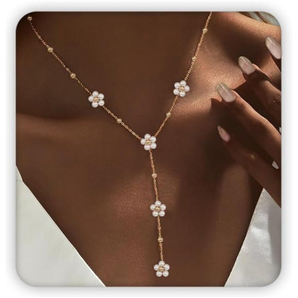 SmileBelle Pearl Necklaces for Women, Daisy Pearl Choker as Y Shaped Pearl